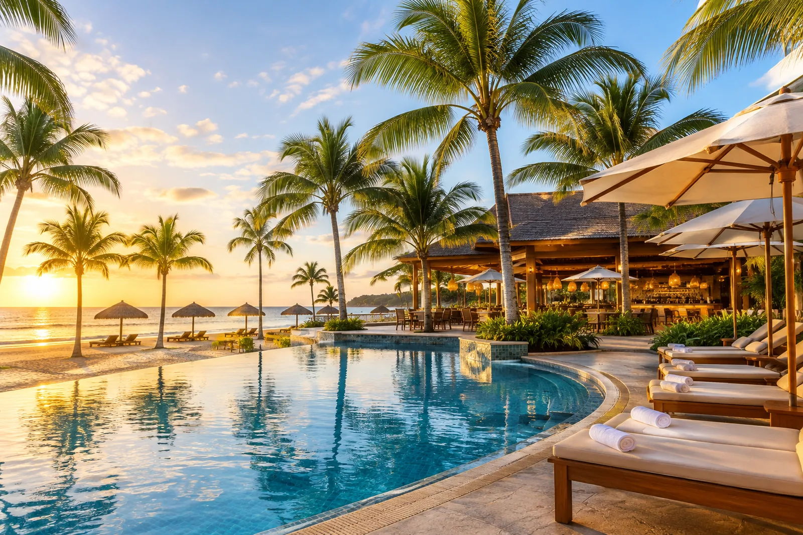 Piscina de resort ao entardecer representando o investimento em tecnologia hoteleira